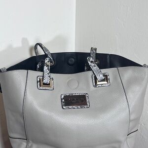 Marc New York Grey Tote with Snake-Print Trim and removable pouch.